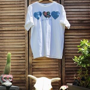 White and Blue Denim Patch Heart Shirt